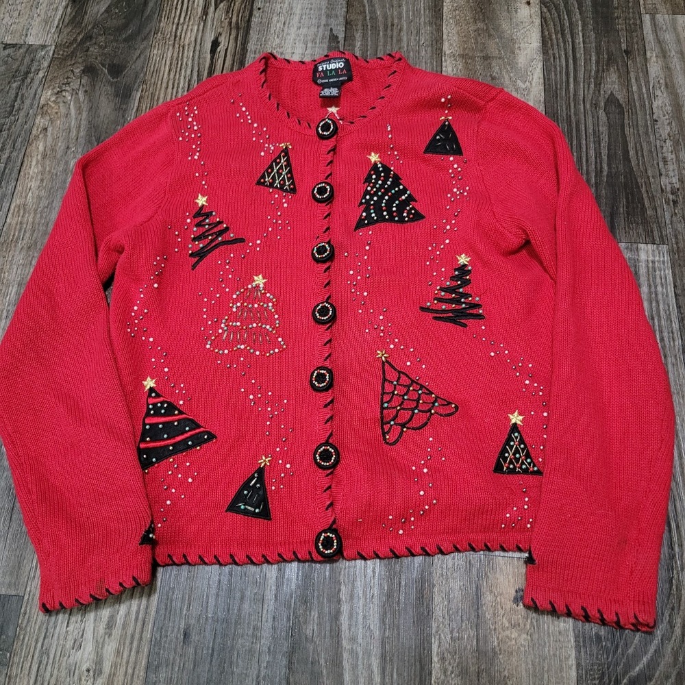 Designers Originals Studio Fa La La Christmas Tree Cardigan Size Small